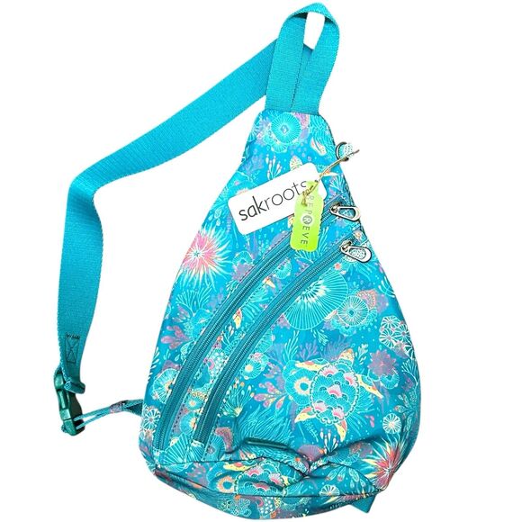 NWT Sakroots On The Go Large Sling Backpack Cross - Teal Blue Sea Turtle Anemone - Picture 11 of 11